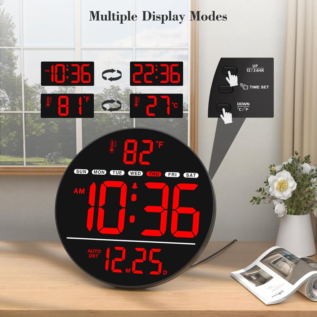 WallarGe Large Digital Wall Clock with LED Display, Electric Wall Clock with Temperature, Auto DST, Date, and Day, 5-Level Brightness for Office, Bedroom, Living Room, Classroom Décor