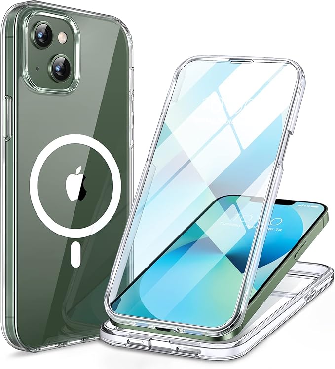 Miracase Glass Series Designed for iPhone 13 Case 6.1 inch, 2023 Upgrade Full-Body Magnetic Clear Case with Built-in 9H Tempered Glass Screen Protector,Compatible with MagSafe,Clear
