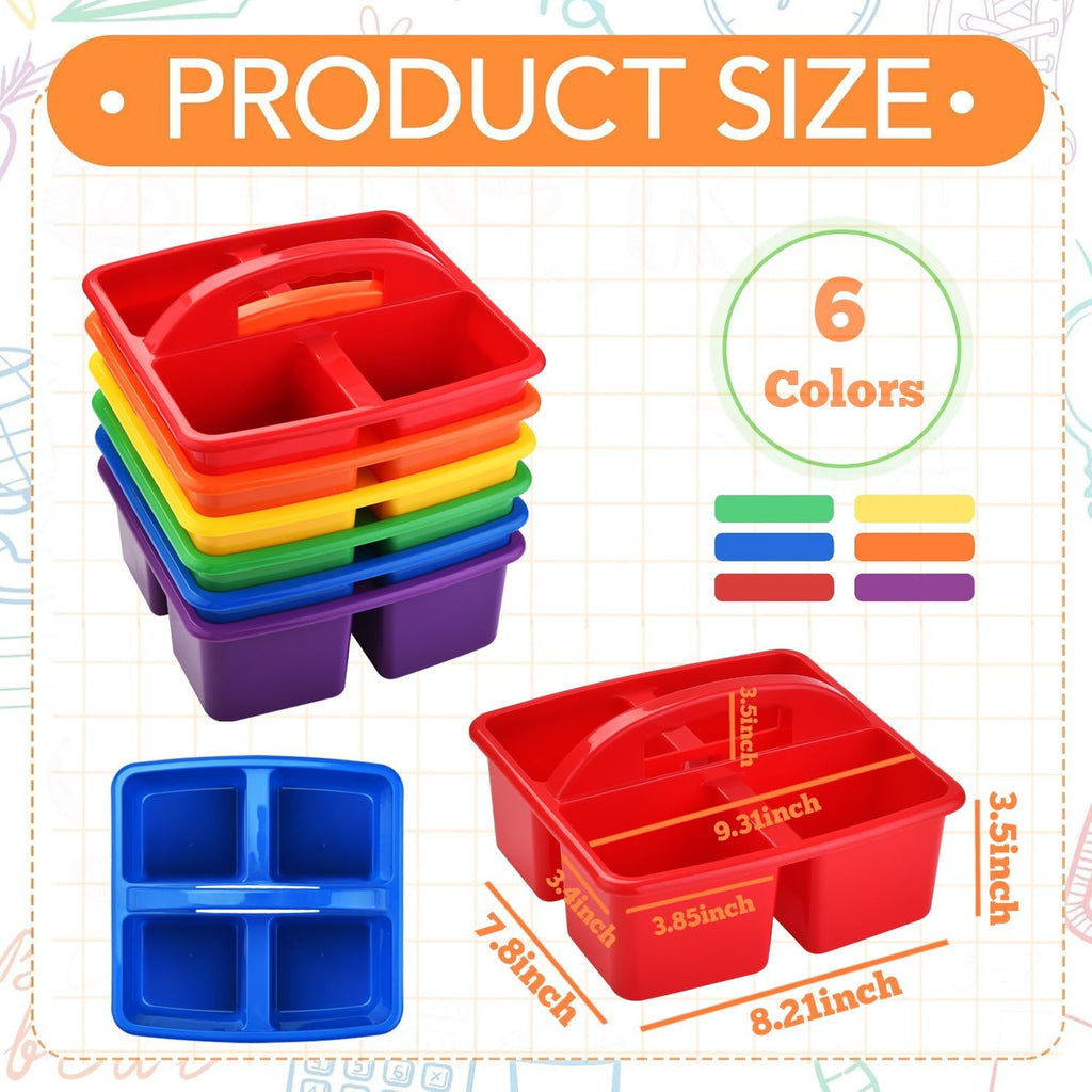 6-Pack Plastic Classroom Caddy Organizer with Handle,Four-Equal-Compartment, Teacher Supply Storage Caddy for Classroom Organization, Table, Desk, Office, Craft Art for Kids - Colorful