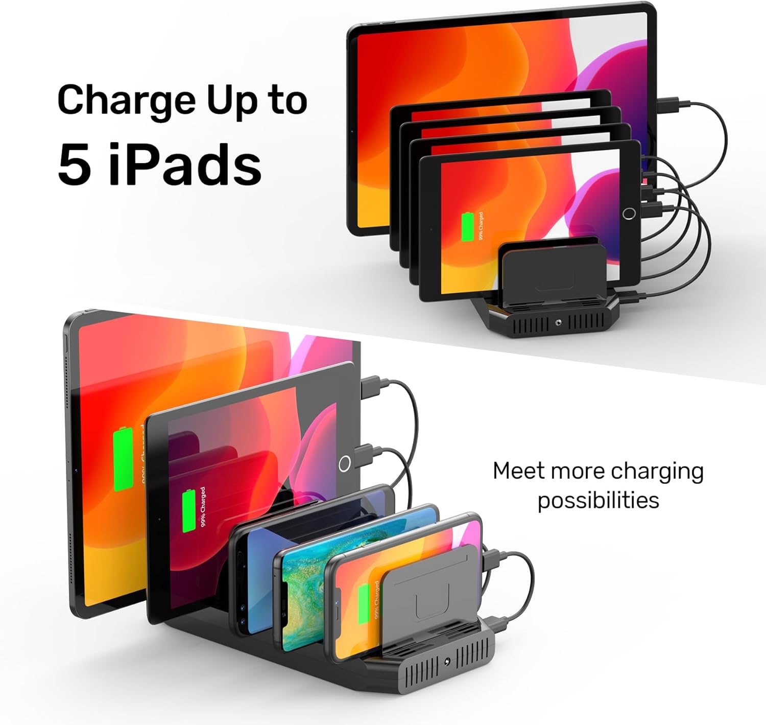Unitek USB Charging Station, 10 USB Fast Ports Charge Docking Station and Adjustable Dividers, Multi Device Charger Organizer Compatible with iPad, iPhone, Tablet and Cell Phone