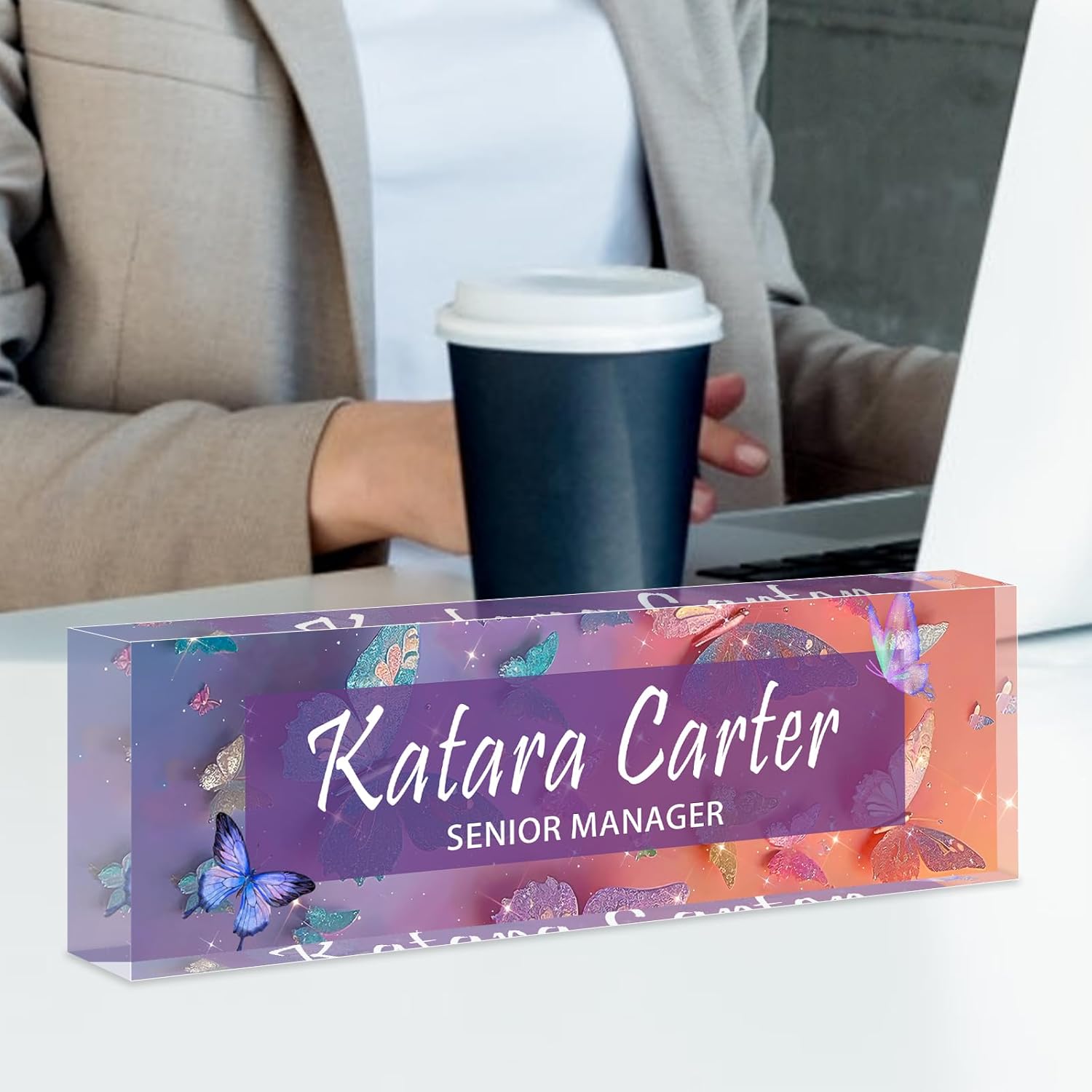 Name Plate for Desk Personalized, Acrylic Desk Decorations, Employee Appreciation Gifts, Custom Office Gifts for Coworkers, Boss, Teacher, Nurse (Orange Purple Butterfly)