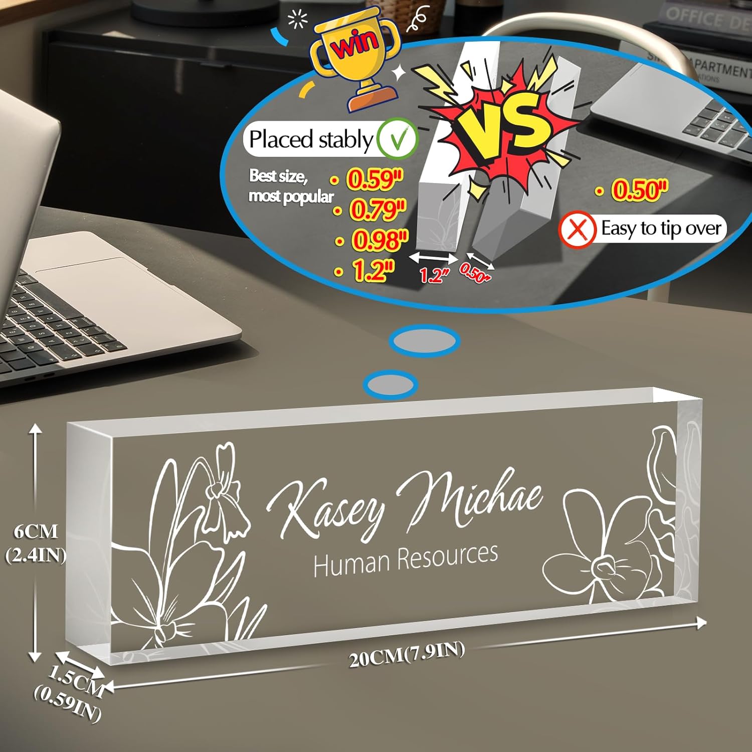 Personalized Name Plate for Desk - Custom Engraved Name Plates for Man - Boss Day Gifts for Boss - Acrylic Office Decor Appreciation Gifts for Teacher Nurse Coworker Social Worker (White Bloom)