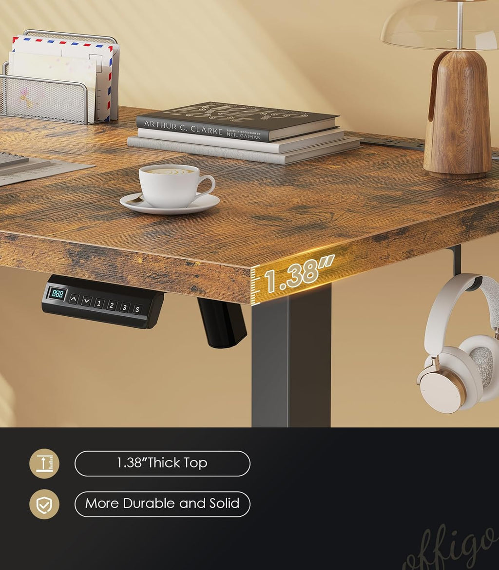 OffiGo Electric Standing Desk with 3-Piece Board, 79 Inch Height Adjustable Large Desk with Power Outlets, Sit Stand Table, Writing Computer Desk for Home, Office, Workstation, Rustic Brown