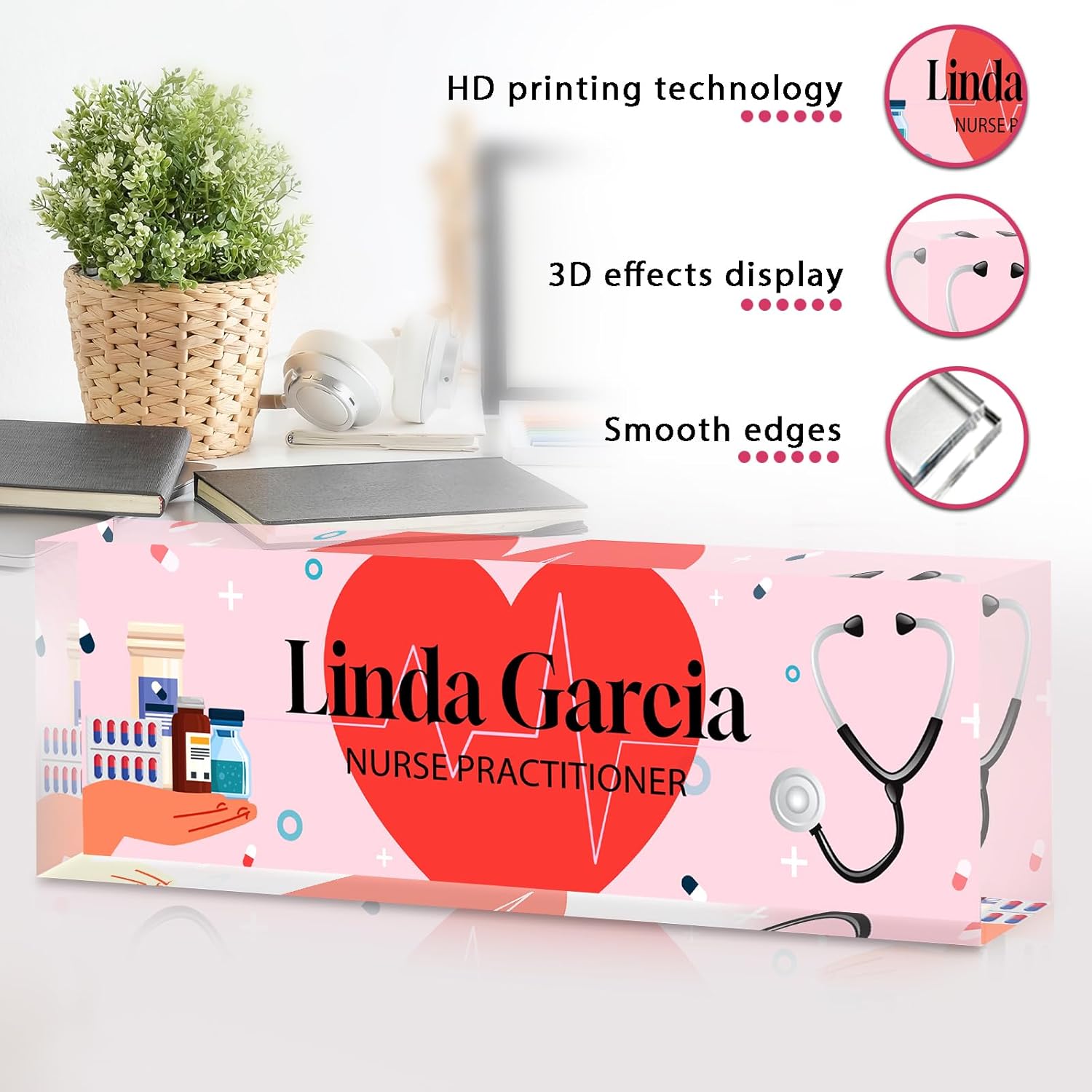 Personalized Name Plate for Desk - Custom Name Plates for Woman - Nurse Day Gifts - Acrylic Office Decor Appreciation Gifts for Nurse Practitioner (Pink)