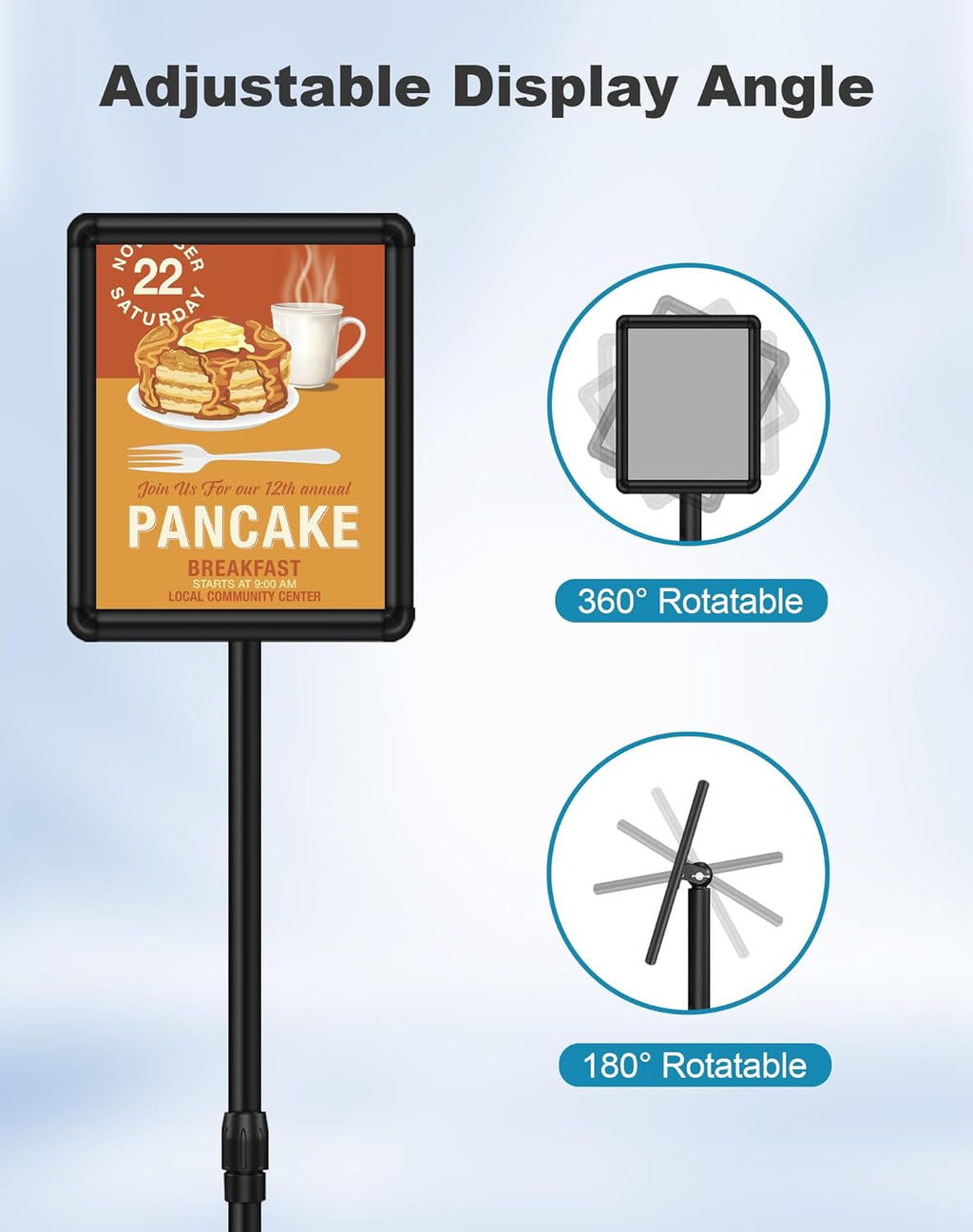 2 Pack Sign Holder Stand 8.5x11 inch for Display, Height Adjustable Floor Standing Signage Stand with 360° Rotated Snap Open Frame for Malls, Schools, Advertising, Outdoor Poster Stand