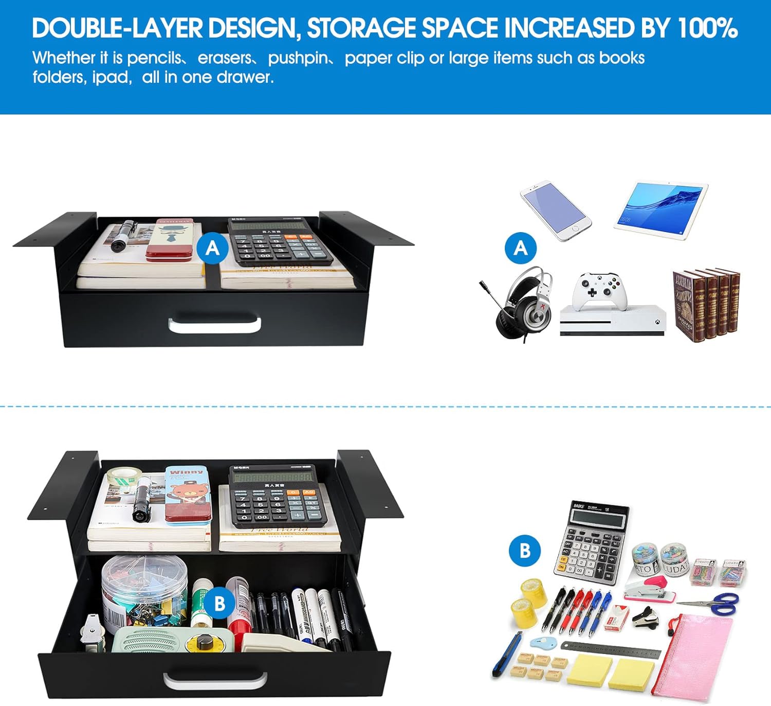 GOME Under Desk Drawer Storage with Laptop/Book/Folders Shelf, Double Layer Easy Slide-Out Undermount Drawer Organizer with Ball Sliding Track for Home Office Sit-Stand Workstation