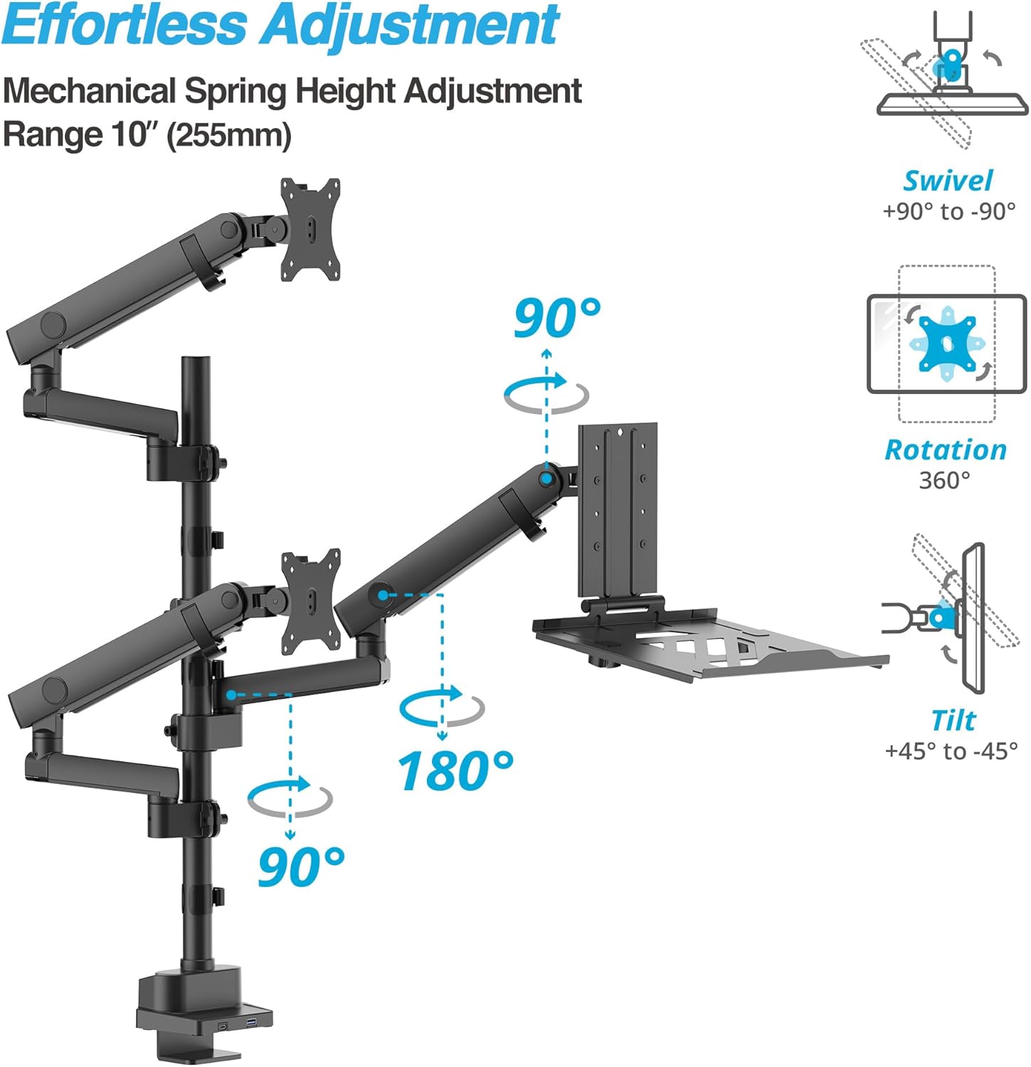 AVLT Laptop & Dual 40 Inch Stacking Monitor Arm Pole Top Mount with USB-C USB-A Ports-Black, Supports 26.4 lbs (12kg), Ultrawide Screen Fit, VESA Compatible, Multi-Screen, Ergonomic Workspace Upgrade