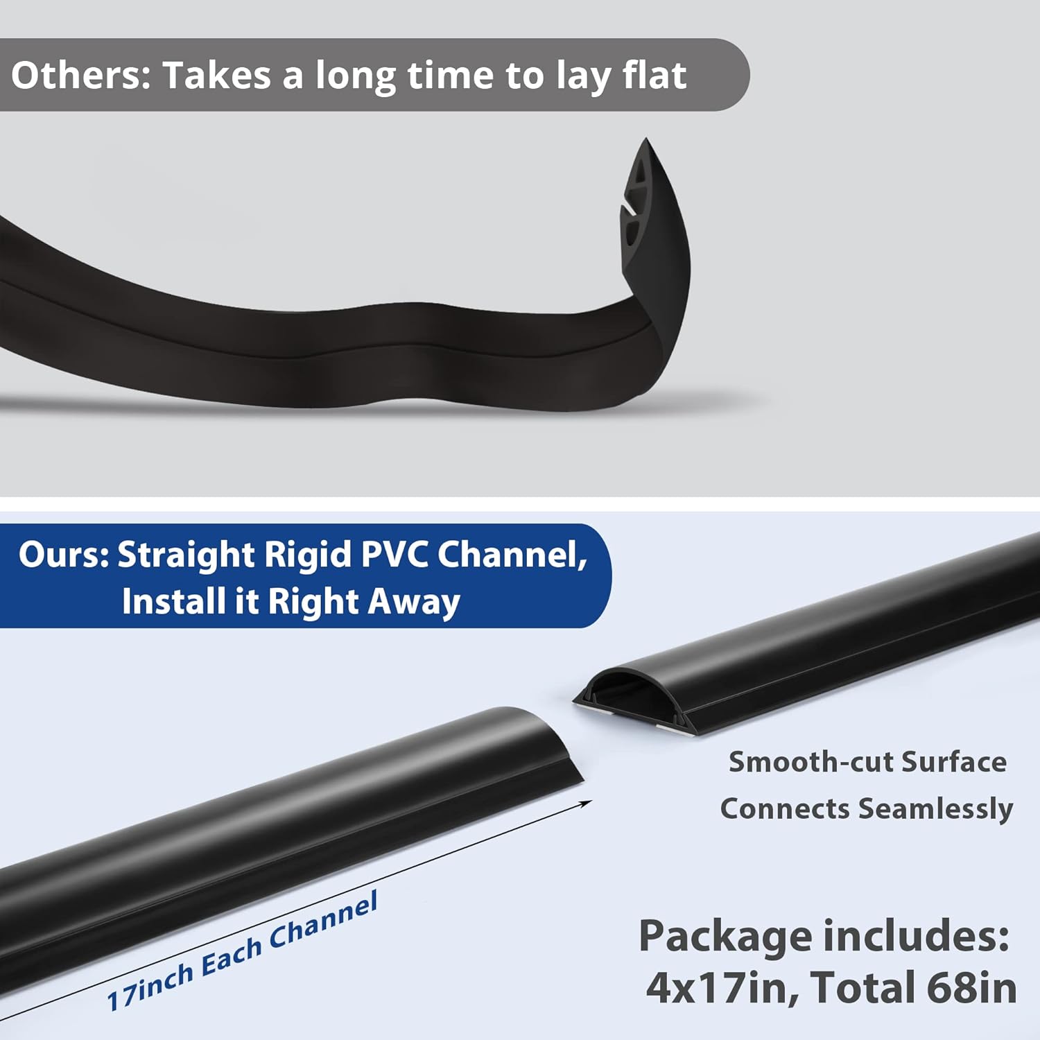 Cord Cover Floor 68in (4 x L17in), Large Capacity Floor Cable Cover, Hard PVC Cord Hider, Wire Cable Management Raceway, Black, Cord Cavity - 1.8"(W) x 0.6"(H)