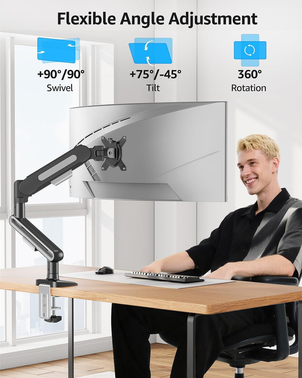 MOUNTUP Single Monitor Desk Mount for 4.4-26.5lbs, Heavy Duty Monitor Arm for 40 39 37 34 32 27inch, Full-Motion Monitors Stand, Height Adjustable Gas Spring Monitors Arm with C-Clamp＆Grommet Base