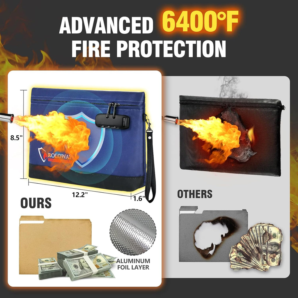 ROLOWAY Fireproof Money Bag with Lock for Cash, 6400°F Fire Proof Document Bag (12.2 x 8.5 x 1.6 inches), Money Pouch with Zipper (Blue)