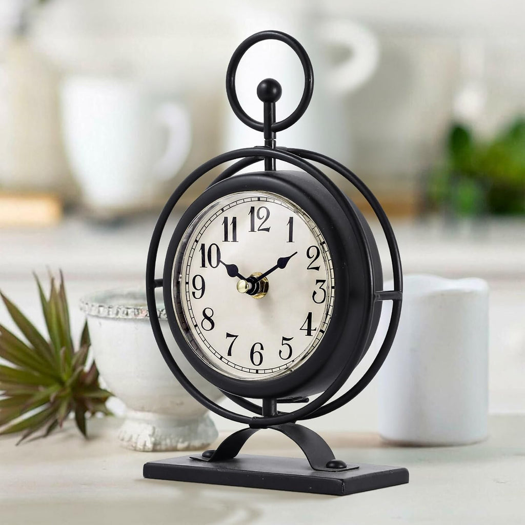 Small Vintage Metal Desk Clock, Decorative Table Clock for Living Room, Silent Mantel Clocks Farmhouse Shelf Decor Battery Operated, 9.5" Black
