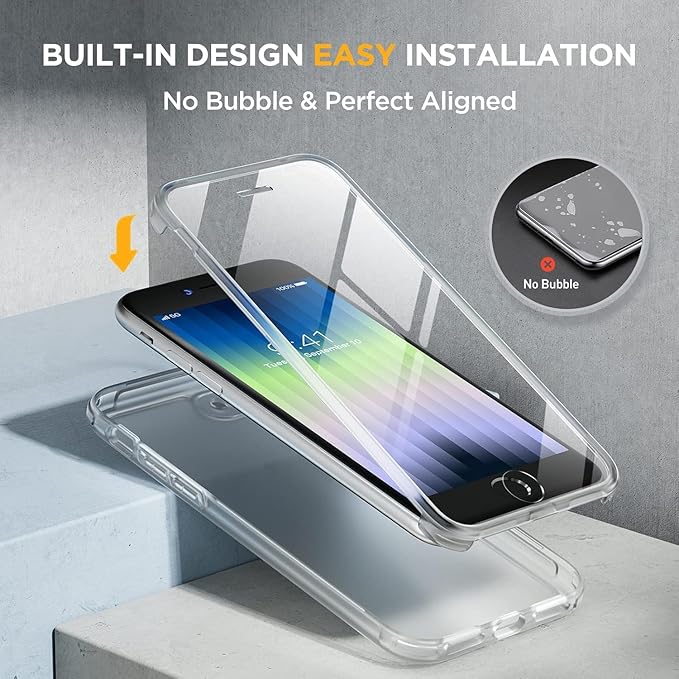 Miracase for iPhone SE Phone Case 3rd/2nd Generation 2022 2020 Full-Body with Built-in Glass Screen Protector, Heavy Duty 360° Protective Shockproof Bumper Cover for iPhone 8/SE, Matte Clear