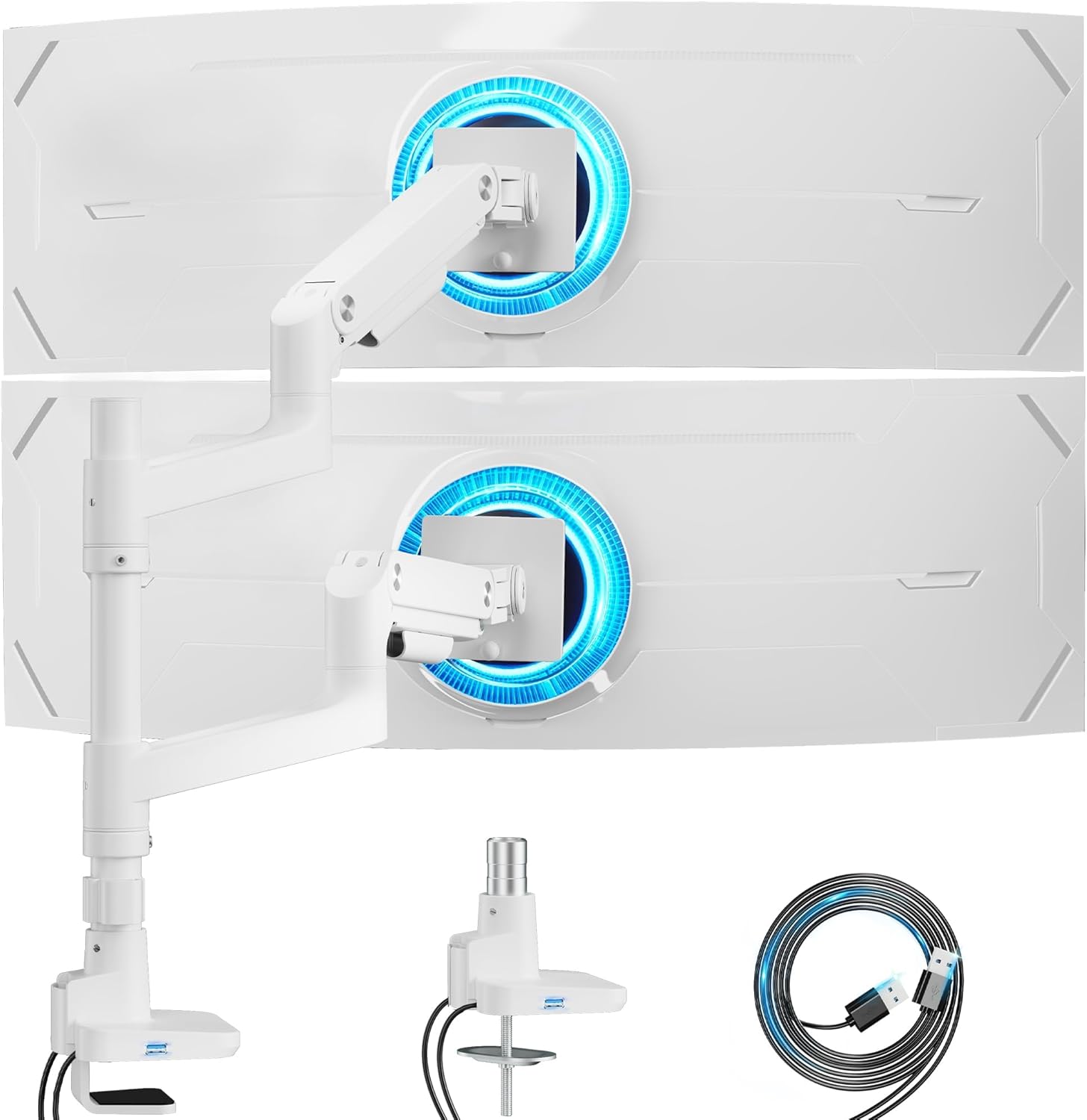 ARES WING Dual Monitor Stand for Ultrawide Heavy Duty Curved Monitor Stacking, Fits 17-49 Inch, Vertical Gas Spring Double Monitor Mount with USB, Adjustable Dual Monitor Mount for Desk, White