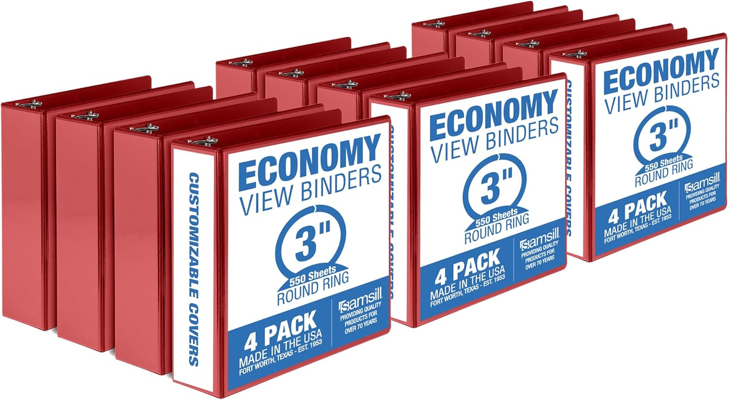 Samsill 3 Inch 3 Ring Binders, Made in USA, Economy Round Ring, Clear View Cover, 550 Sheet Capacity - for School, Home, Office - Red, 12 Pack