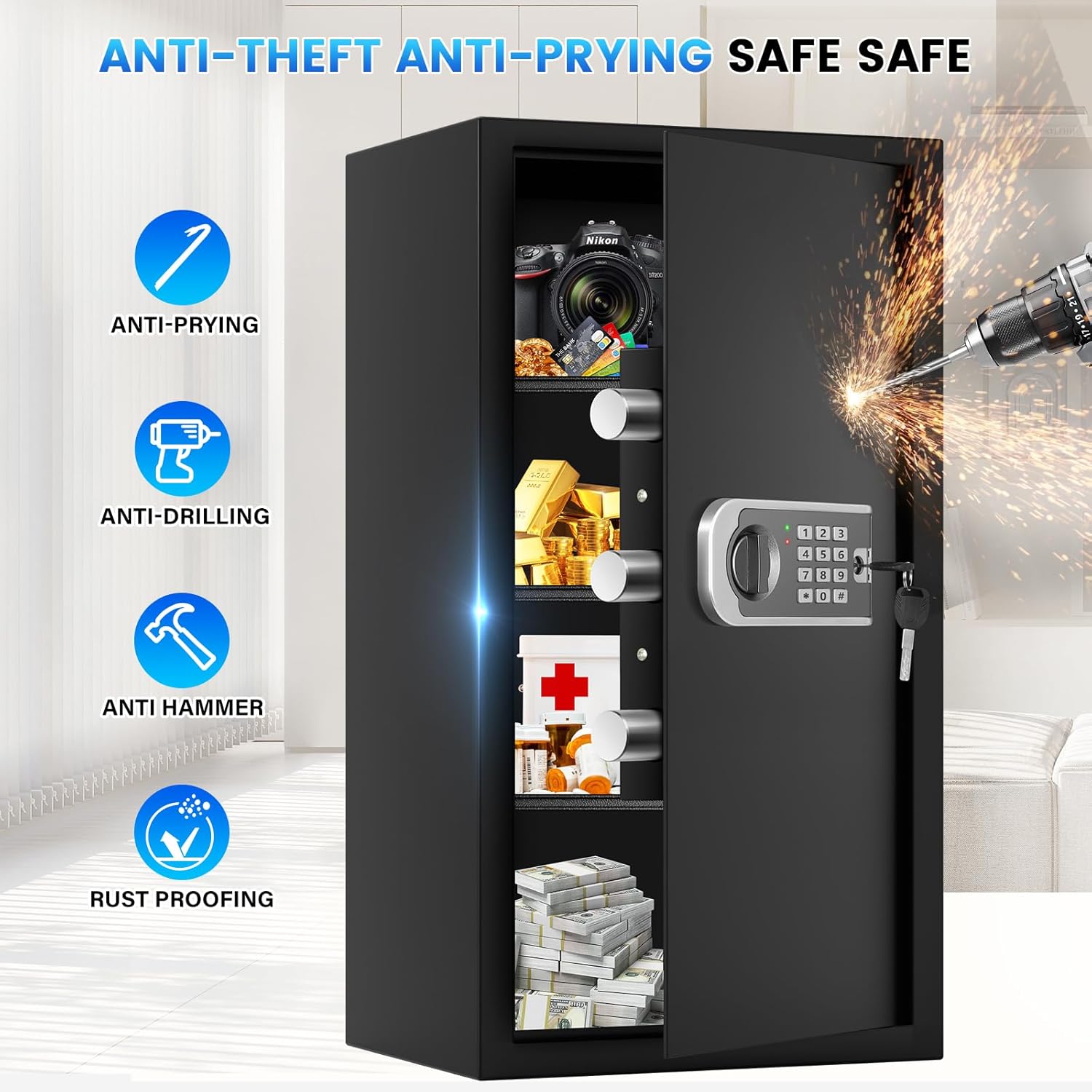 27.56"H Steel Safe Box, 6.0 Cuft Home Safes with Fireproof Waterproof Bag, Digital Security Safes with Programmable Keypad Keys, Smart Alert, Mute Mode, Anti-theft Safety Box for Documents Valuables