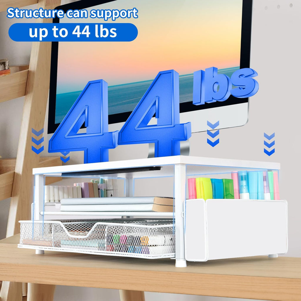 AUPSEN White Monitor Stand Riser, 2-Tier Wood Computer Desk Organizer with Drawer, Pen Storage & Phone Holder, Office Desk Accessories Desktop Organizer for Office Supplies