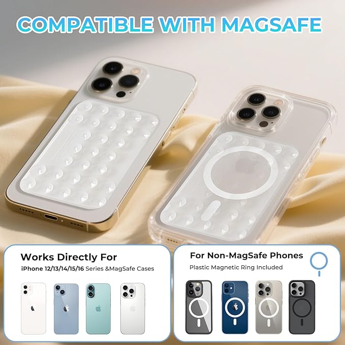 for MagSafe Suction Mount - 29 Silicone Suction Cup Phone Mount with Magnetic Phone Grip, for iPhone 12/13/14/15/16 Series, Hands-Free Sticky Grip for TikTok/Instagram, Transparent