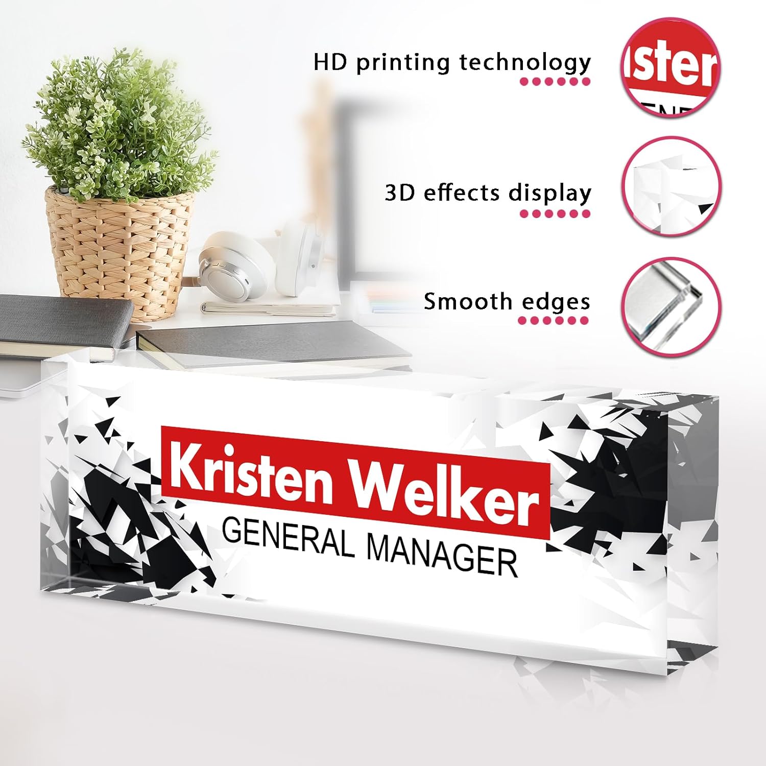 Personalized Name Plate for Desk - Custom Engraved Name Plates for Man - Boss Day Gifts for Boss - Acrylic Office Decor Appreciation Gifts for Teacher Nurse Coworker Social Worker (White/Red)