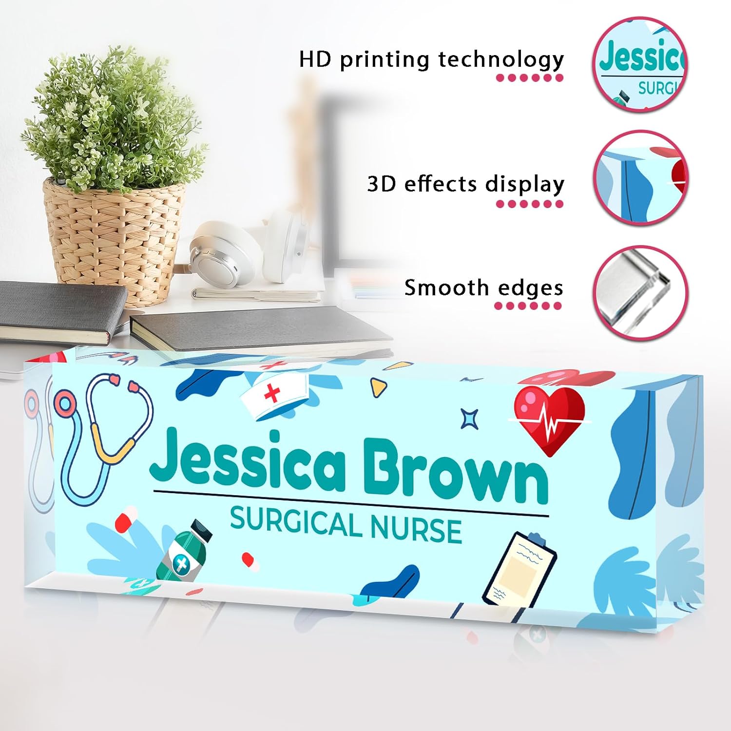 Personalized Name Plate for Desk -Nurse Day Gifts -Custom Name Plates for Woman -Acrylic Office Decor Appreciation Gifts for Nurse Practitioner Doctor(Pastel Blue)