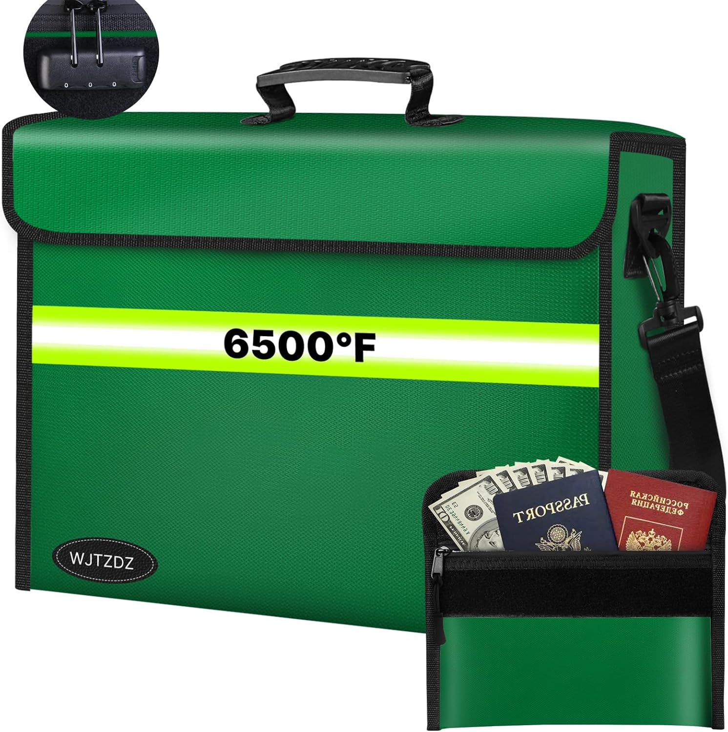 6500°F Fireproof Document Bag with Lock-Fireproof Box with 10 Layers Insulation Materials&Waterproof Zipper,Removable Wallet,Reflective Strip for Cash,Documents,Jewelry(14.2”x 9.6”x 4.1”)