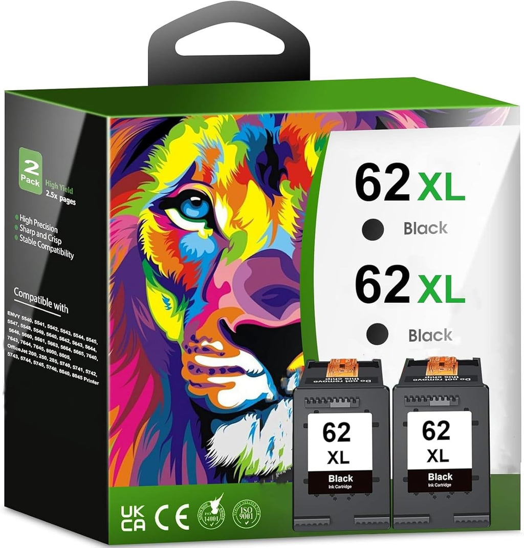 Printer Ink 62 XL 62XL Envy 7645 Black for HP 62 XL Ink Cartridge HP Ink 62 62XL Ink Cartridges Black HP62 HP62BK with Envy 5540 5544 5545 5642 5660 5664 7640 7645, OfficeJet 200 250 258