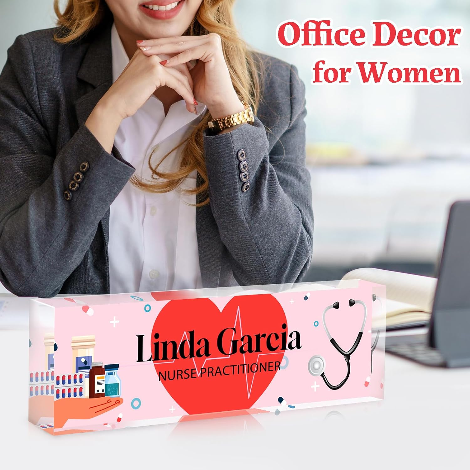 Personalized Name Plate for Desk - Custom Name Plates for Woman - Nurse Day Gifts - Acrylic Office Decor Appreciation Gifts for Nurse Practitioner (Pink)