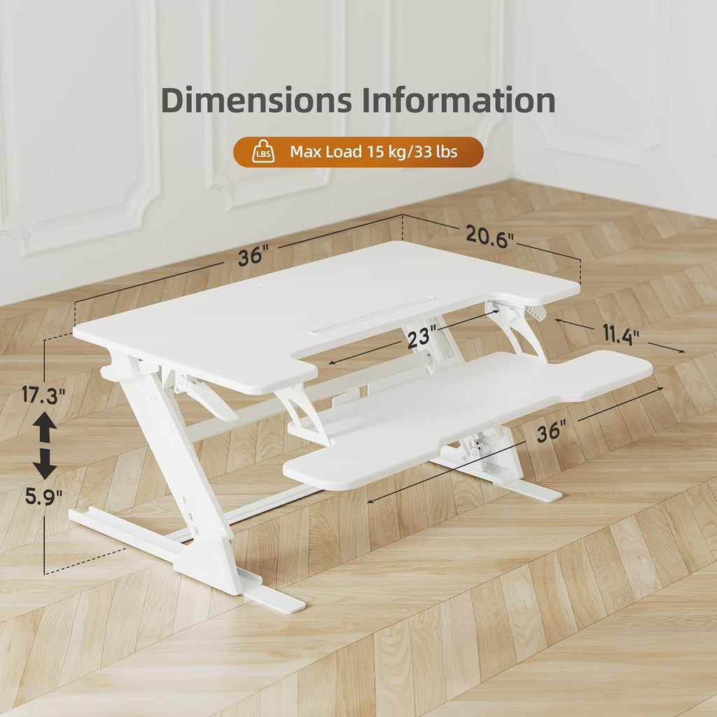 Claiks Standing Desk Converter 36 inch, Height Adjustable Sit Stand Up Desk Riser, Quick Sit to Stand Tabletop Dual Monitor Riser Workstation for Home Office with Keyboard Tray, White
