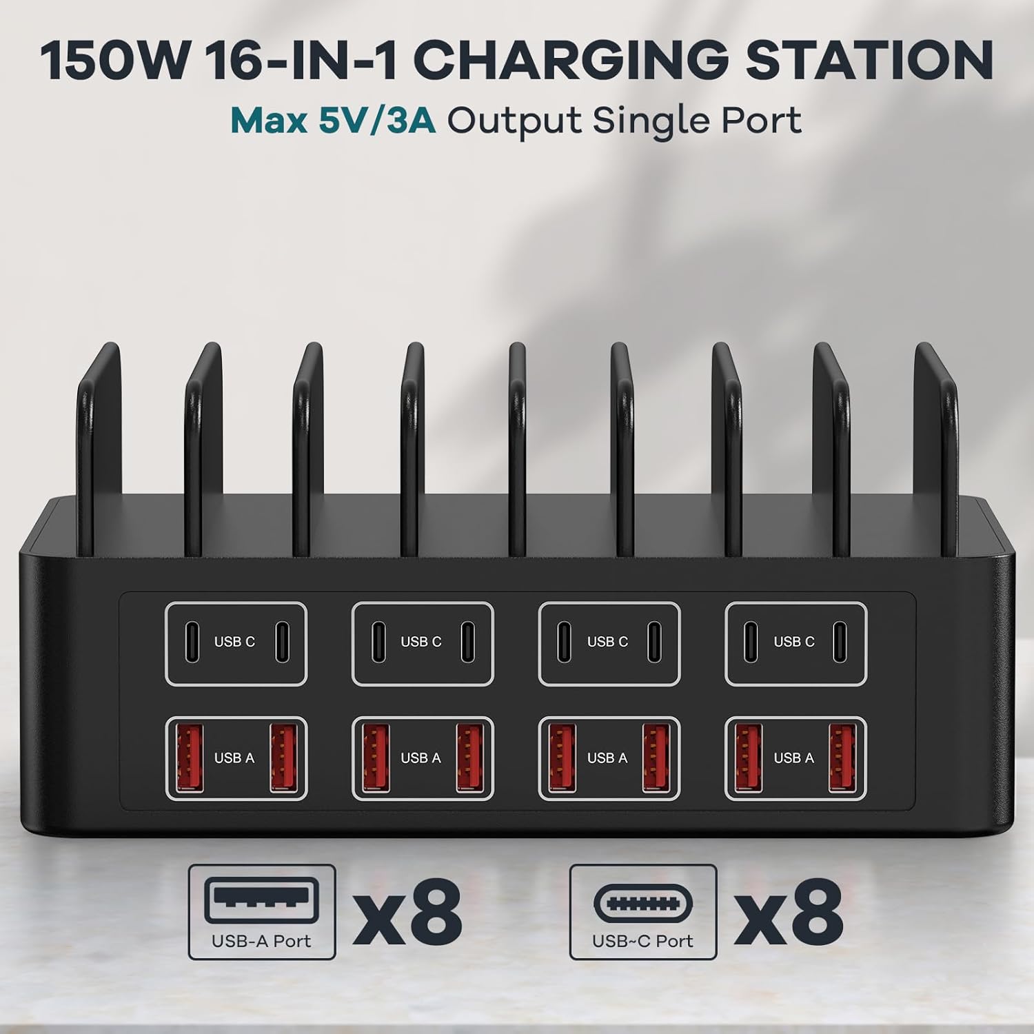 150W/35A Charging Station for Multiple Devices, RUANSZZ 16 Port USB~C Fast Charging Station, Multiple Charger Organizer Compatible with Cell Phone, iPad, Kindle, Tablet and Other Electronic