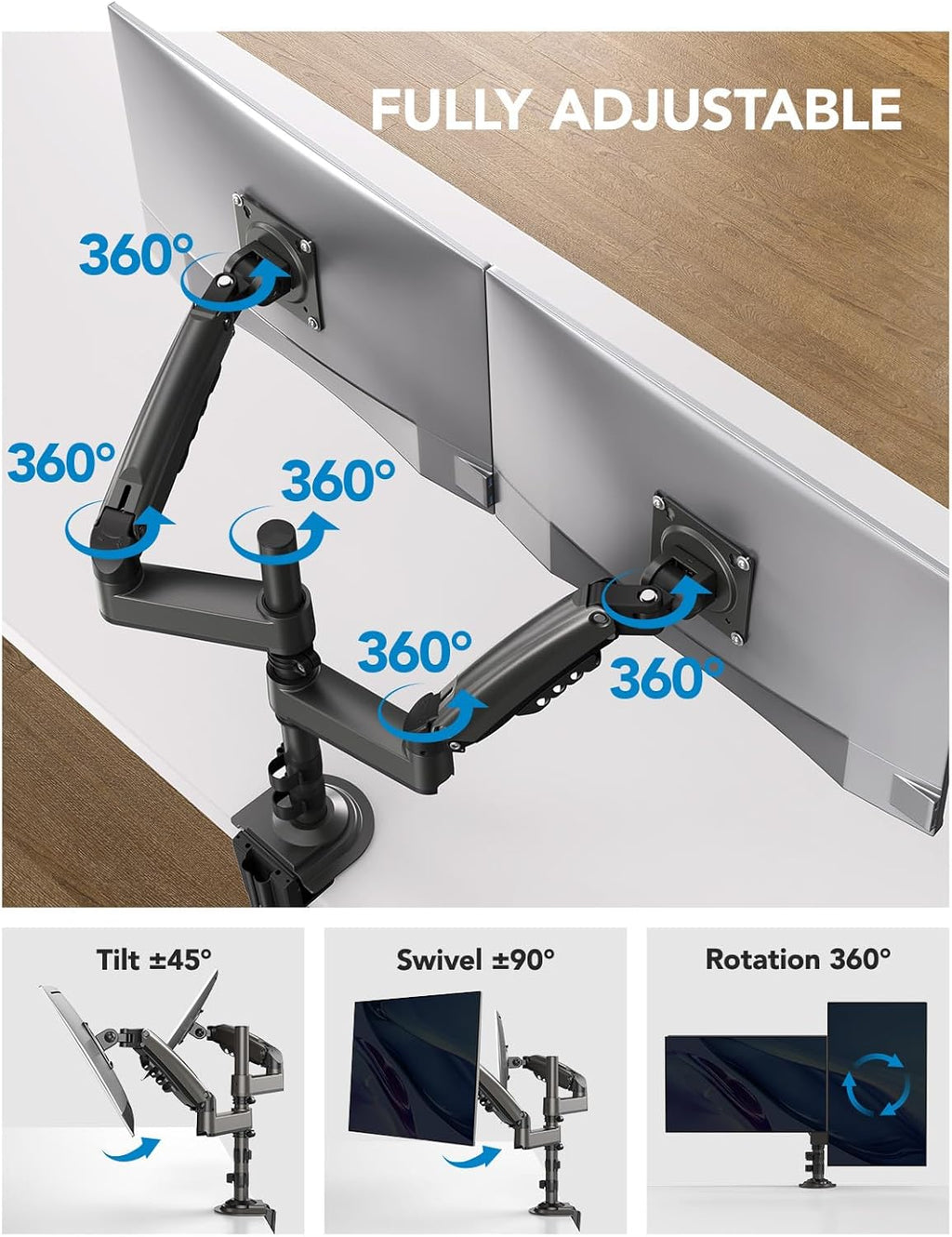 HUANUO 17-32 Inch Dual Monitor Stand, Gas Spring Dual Monitor Mount, Monitor Stand 2 Monitors, Ergonomic Adjustable Tilt/Swivel/Rotate, Weight Max 19.8 lbs, VESA 75/100mm