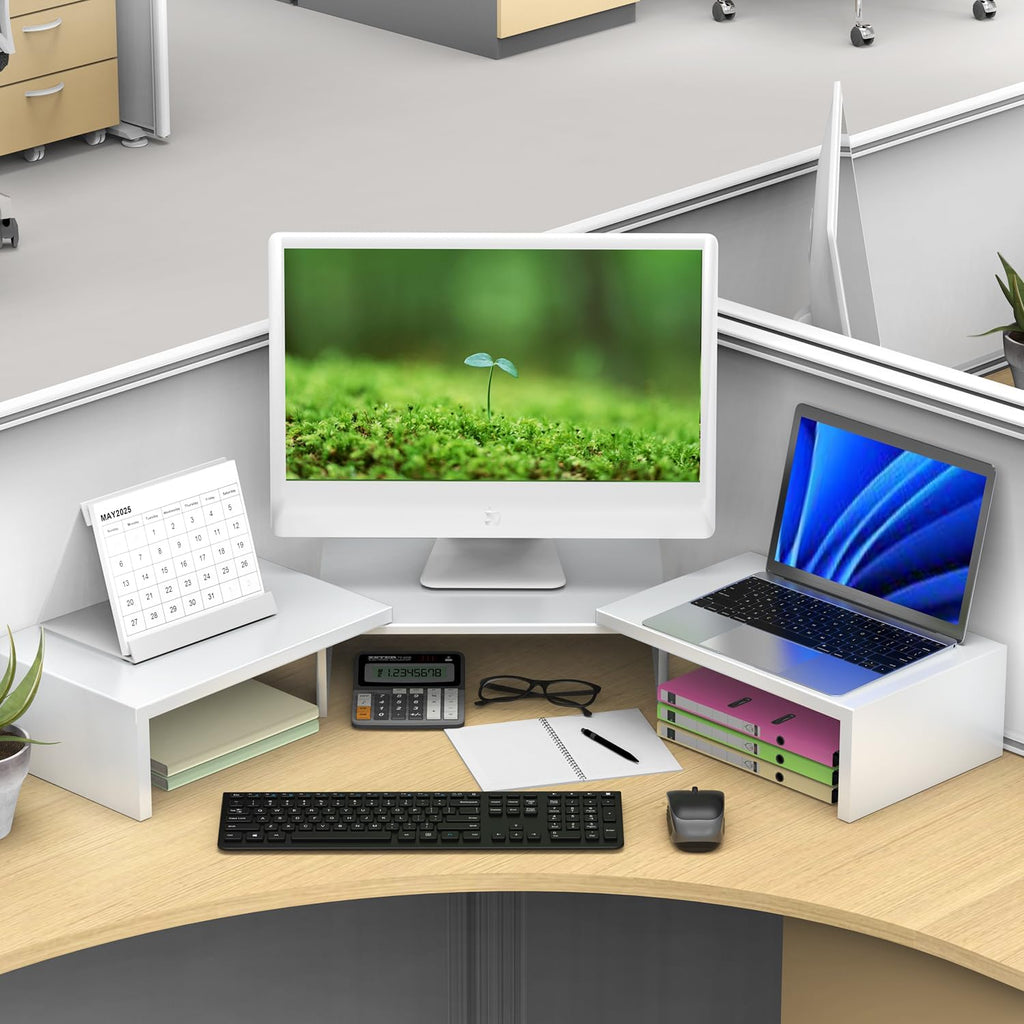 Dual Monitor Stand for Desk, Metal Computer Stand, Desk Shelf Riser,Desktop Organizer for Home and Office Use (White)