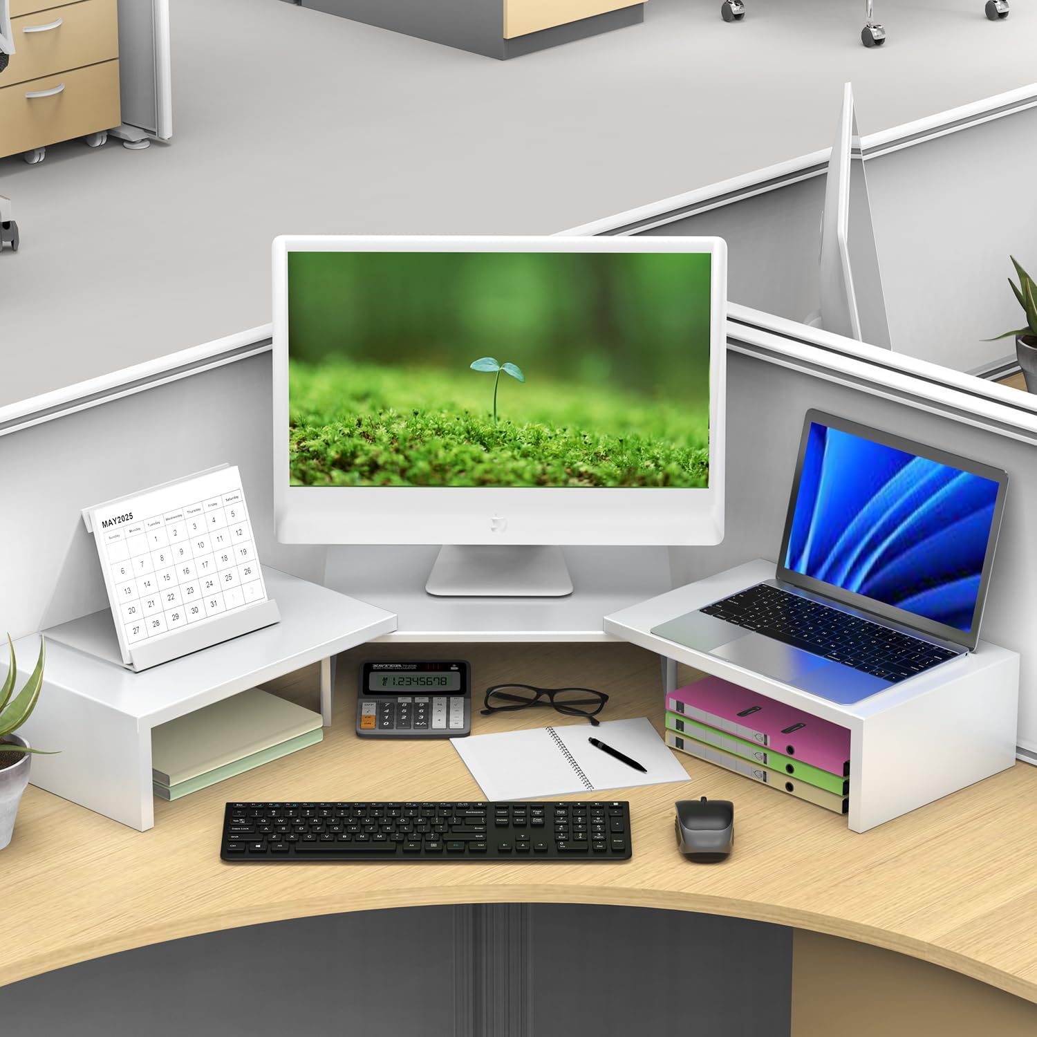 Dual Monitor Stand for Desk, Metal Computer Stand, Desk Shelf Riser,Desktop Organizer for Home and Office Use (White)