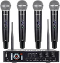 Pro 4 Channel Wireless Microphone System Rechargeable & Pre Effector, UHF Metal Handheld Cordless Mics with LCD Display, Vocal Cut, Bluetooth, USB Port, XLR, 1/4, Optical, RCA Input/Output