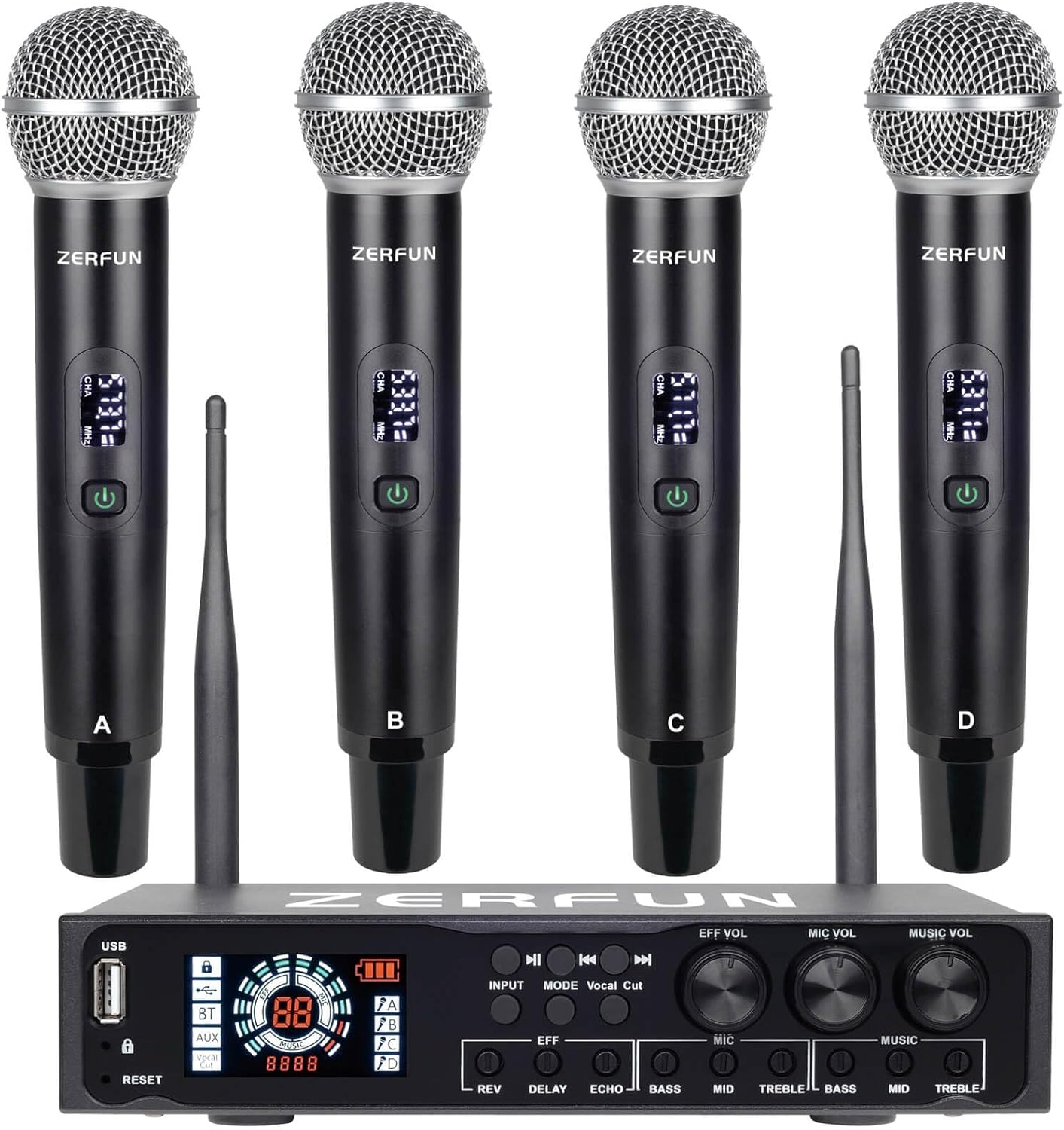 Pro 4 Channel Wireless Microphone System Rechargeable & Pre Effector, UHF Metal Handheld Cordless Mics with LCD Display, Vocal Cut, Bluetooth, USB Port, XLR, 1/4, Optical, RCA Input/Output