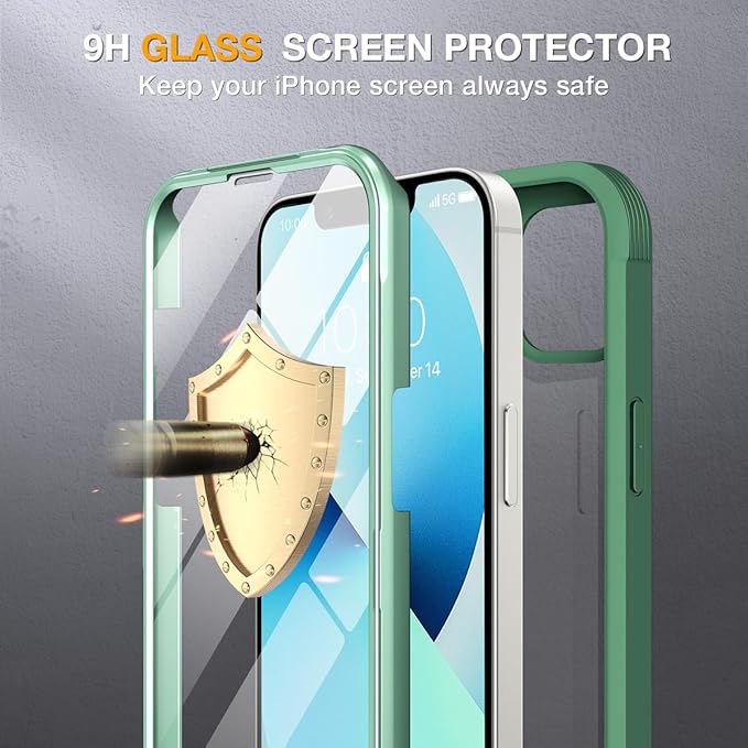 Miracase for iPhone 13 Case 6.1'', [Bubble Free] Full-Body Bumper Phone case with Built-in Full Glass Screen,No Gap,Compatible with MagSafe,Green