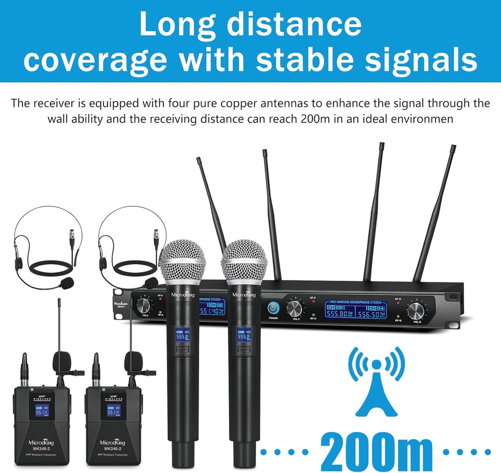 MicrocKing Wireless Microphone System, UHF Cordless Mic Set with 2 Handheld Mics/2 Lavalier Bodypacks, Metal Build, Fixed Frequency, Long Range, Ideal for Karaoke/Party/Wedding/Concert