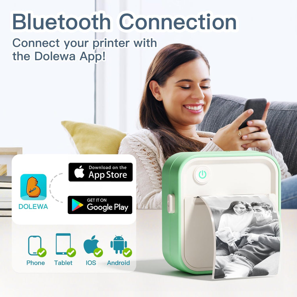 Label Maker Machine, HD Mini Sticker Printer with 7 Rolls Paper, Portable Thermal Print Pod Supports 12-57mm Papers, Bluetooth Pocket Printer for Home, Kitchen, School (Green)