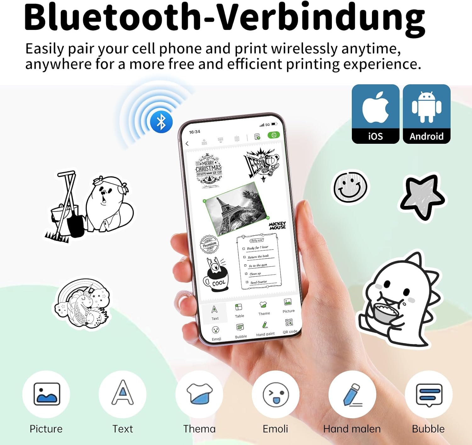 iDPRT Sticker Printer - Mini Portable Printer Bluetooth Thermal Label Printer with 1 Roll Sticker Paper, Inkless Sticker Maker Machine Pocket Instant Print for Study Notes, Pictures, DIY, Label