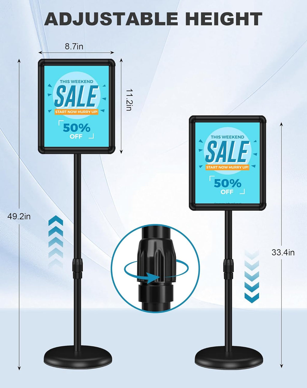 2 Pack Sign Holder Stand 8.5x11 inch for Display, Height Adjustable Floor Standing Signage Stand with 360° Rotated Snap Open Frame for Malls, Schools, Advertising, Outdoor Poster Stand