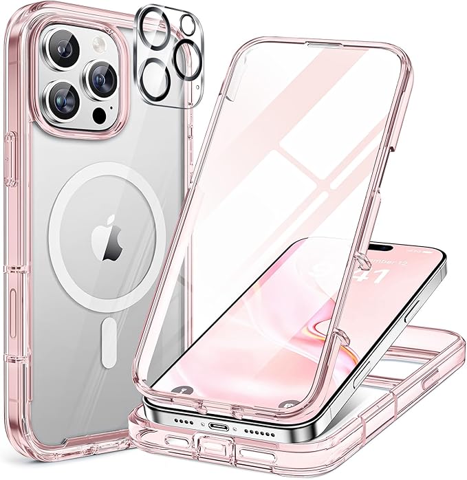 Miracase for iPhone 16 Pro Case Full-Body Phone with Built-in Glass Screen Protector, [Compatible with MagSafe] Military Drop Proof 16 Pro Cover Bumper 6.3 inch, Clear Pink