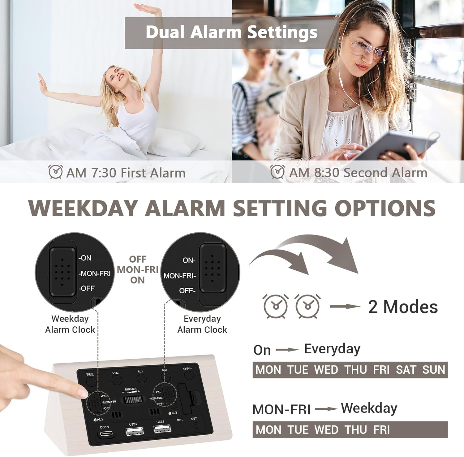 Kogonee Wooden Digital Alarm Clock, 0-100% Dimmer, 2 Alarm Settings, Weekday/Everyday Mode, 9 Mins Snooze, 12/24H, Temperature and Date Display for Office, Travel, Bedroom Alarm Clock (White)