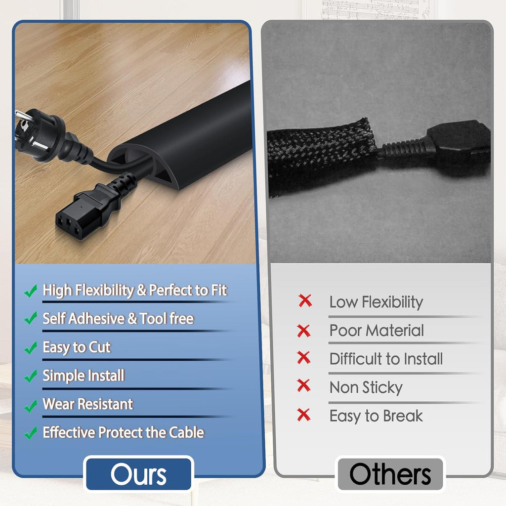 Floor Cord Cover for Wires on Floor Self Adhesive Cord Hider Floor Cable Management Wire Covers for Cords Protector Prevent Cable Trips Cord Cavity W 0.59" x H 0.31", Black, 10Ft