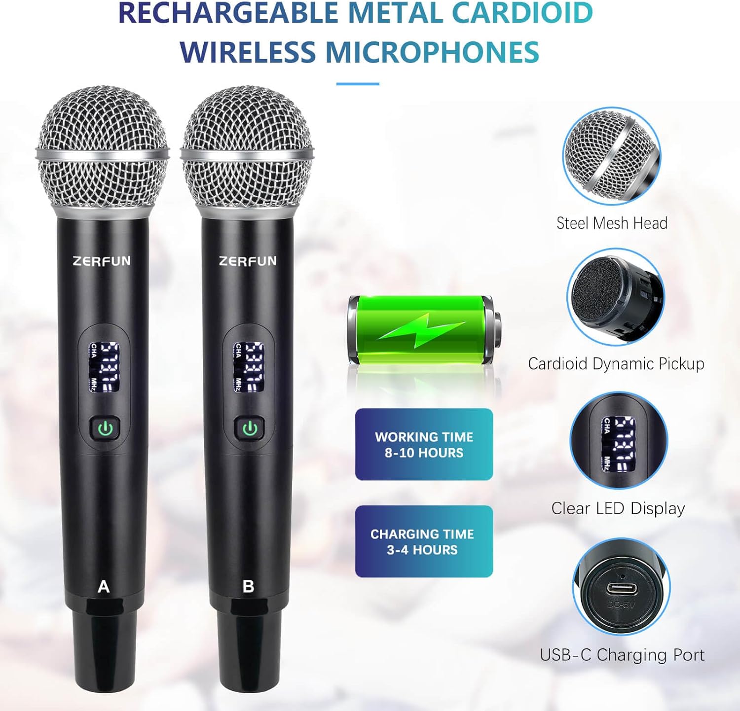4 Channel Rechargeable Wireless Microphone System Pro & Pre Effector, UHF Metal Handheld Cordless Mics with Vocal Cut, Bluetooth, USB Port, XLR, 1/4, Optical, RCA Input/Output, LCD Display