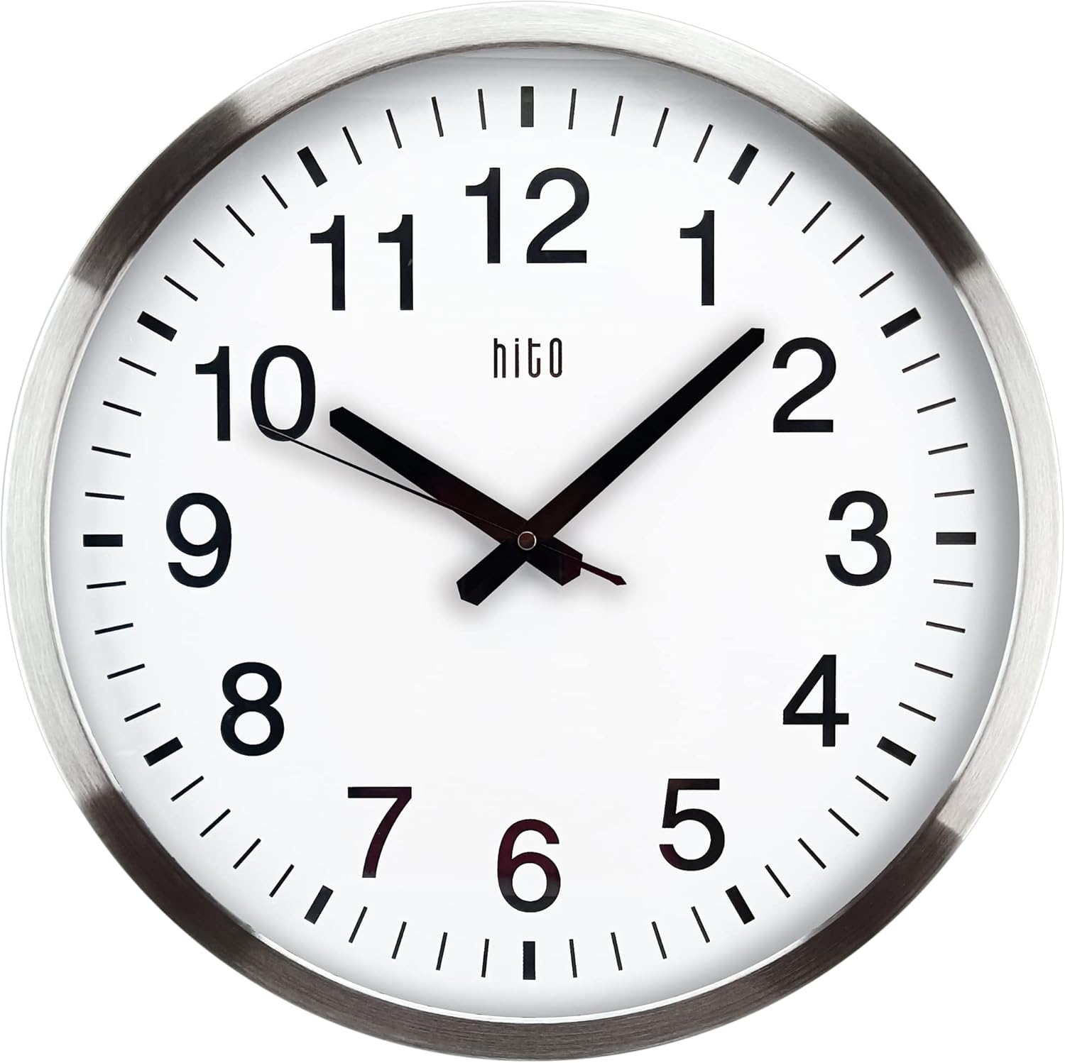 HITO 16" Silent Wall Clock Battery Operated Non Ticking Sweep Movement Glass Cover Silver Aluminum Frame, for Kitchen, Bedroom, Home Office, Living Room Decor