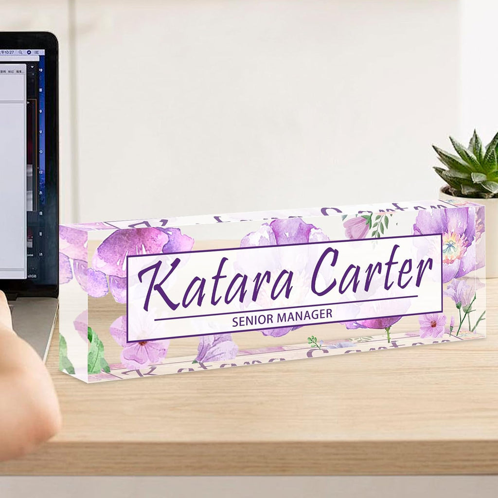 Name Plate for Desk Personalized, Acrylic Desk Decorations, Employee Appreciation Gifts, Custom Office Gifts for Coworkers, Boss, Teacher, Nurse (Purple Floating Flowers)