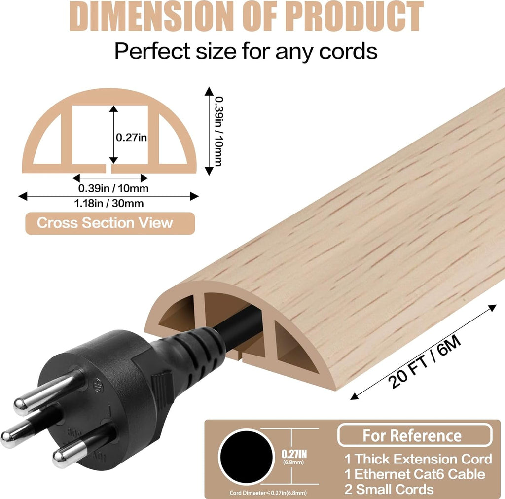 Floor Cord Cover Self Adhesive Cord Hider,20FT Cable Management, Extension Strip Protector for Wires, Prevent Cable Trips for Offices, Gyms, Exhibitions Cavity:0.39"(W) x 0.27"(H) Yellow Wood
