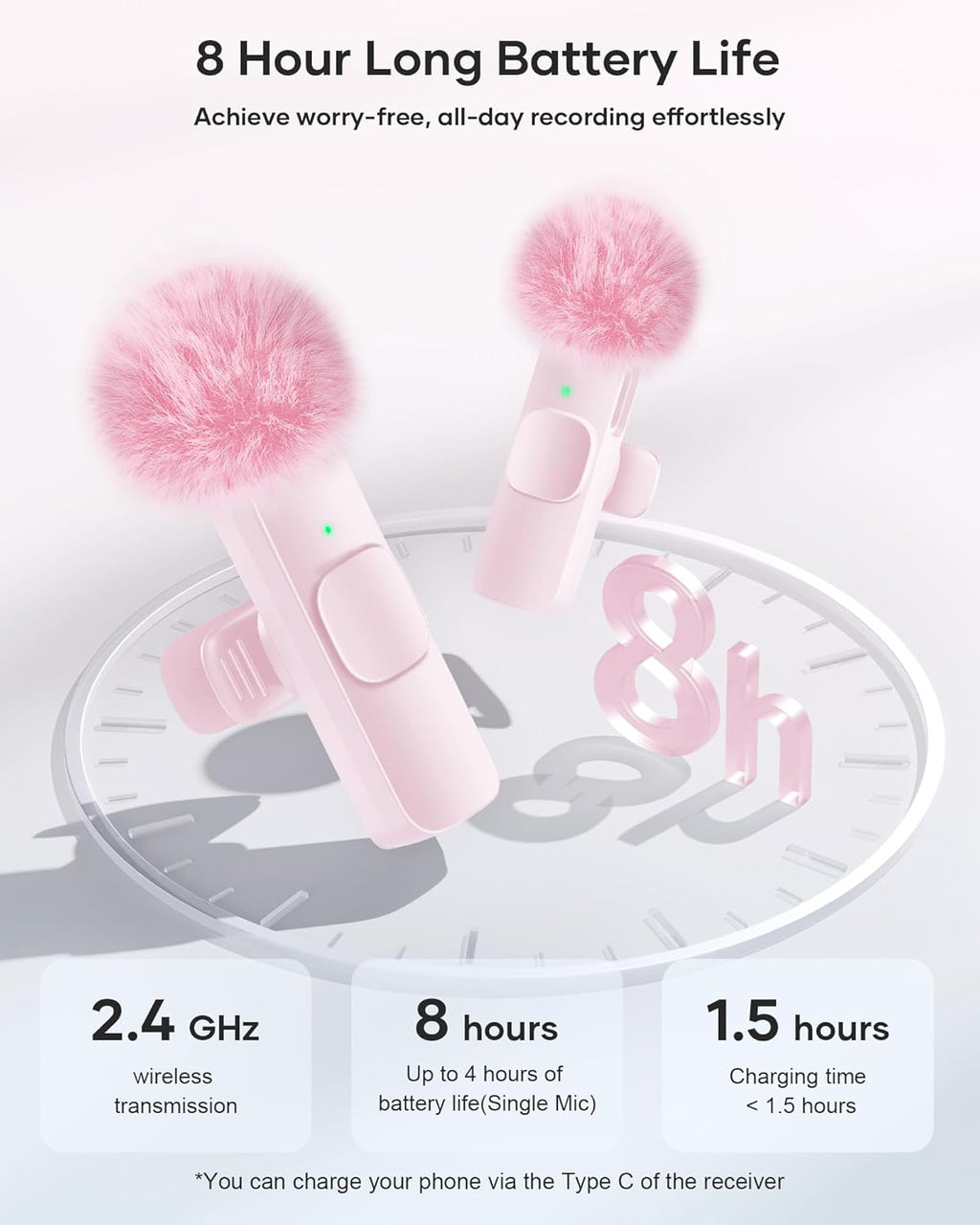 Wireless Lavalier Microphone for iPhone iPad and Android Phone, 2 Pack Lapel Mic Plug and Play Wireless Mic Noise Reduction Microphone for Video Recording Interview Podcast Vlog YouTube Tiktok (Pink)