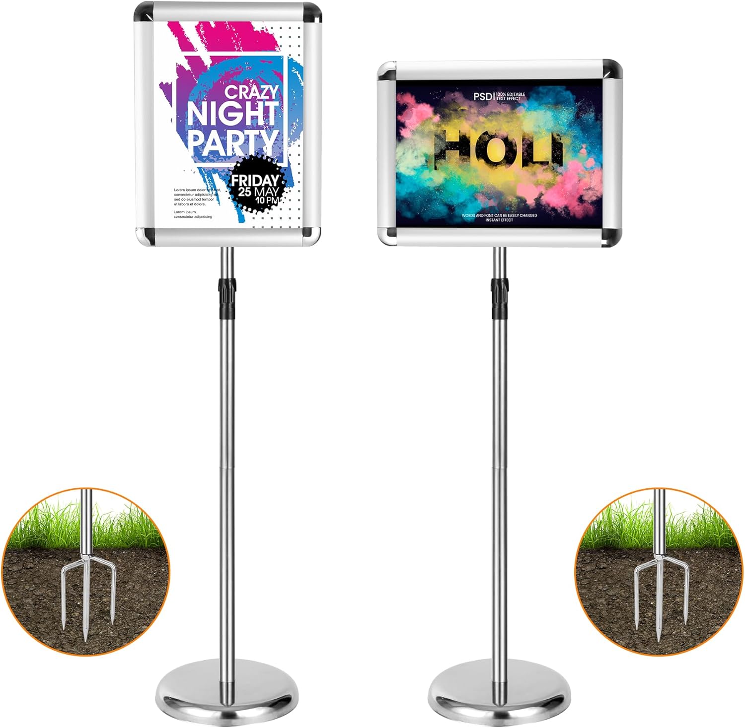2 Pack Sign Holder Stand 8.5 x 11, With 3-Prong-Base & Round Base, Poster Stand Aluminum Snap Open Frame for A4 Size Outdoor Indoor Sign Stand, Height Adjustable-Silver