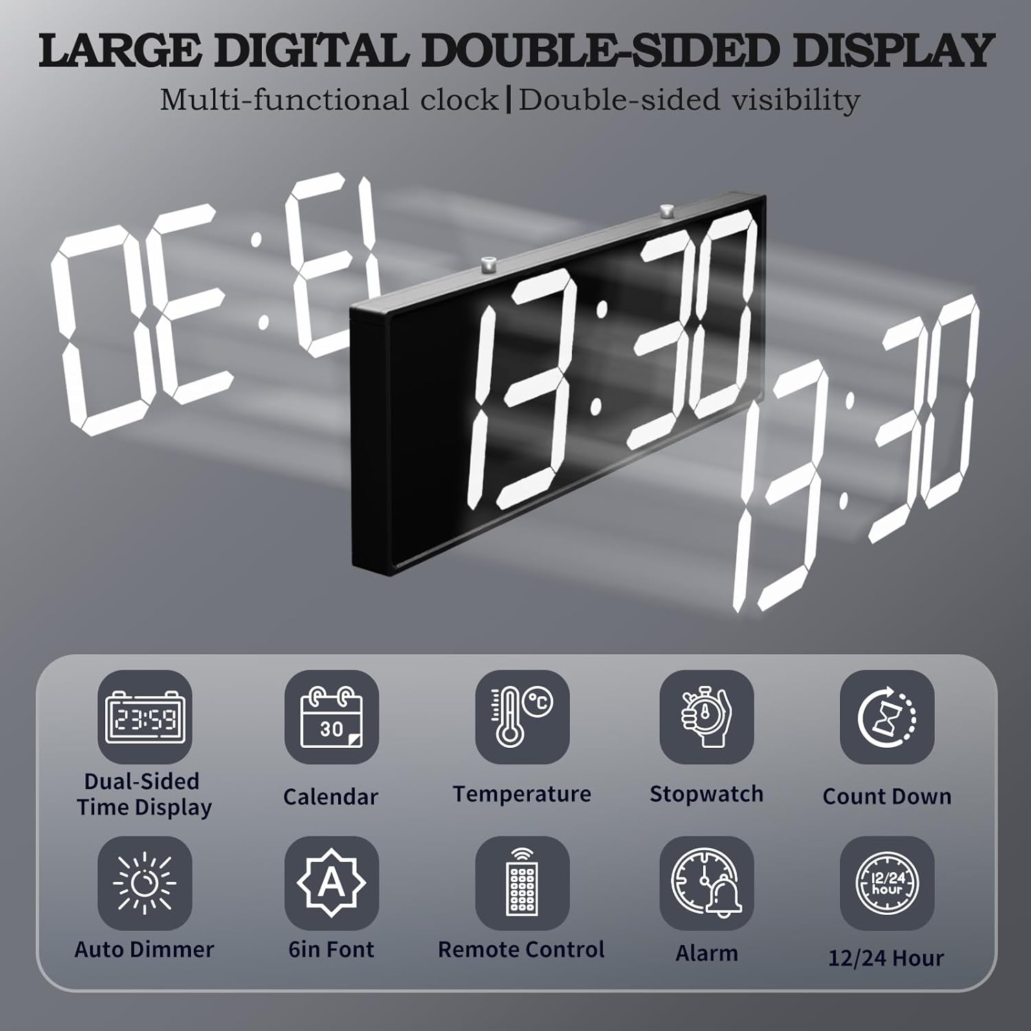 19.5'' Large Digital Wall Clock with Double Sided Display,Multi-Functional LED Hanging Digital Clock with Adjustable Brightness,Suitable for Offices, Warehouses, Corridors (White)