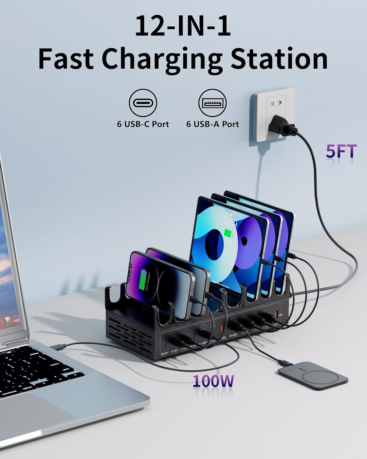 470W Charging Station for Multiple Devices, 12-Port USB C Charging Station with Double 100W PD PPS Port, Multi Device Fast Charger Dock for MacBook Pro Laptop, iPhone, iPad, Tablet, Android Cell Phone
