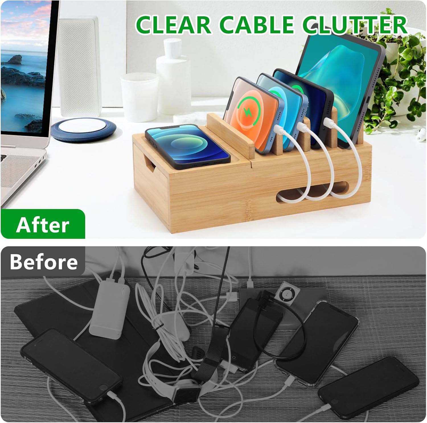 Bamboo Charging Station for Multiple Devices, Desktop Charger Organizer with Tray& Drawer, Wooden Docking Station for Smart Devices, Cell Phone, Tablet,Watch (Include 6 Cables, 5 Port USB Charger)